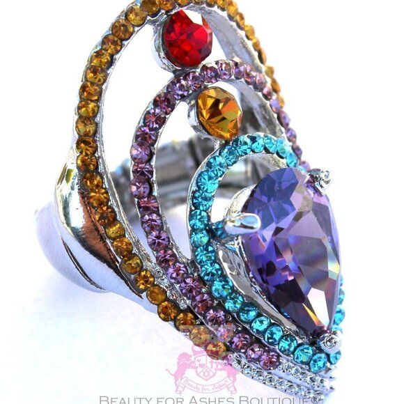 Boho Ruby Amethyst Peacock Eyes to See Multicolor Cz Crystal Stretch Ring Sz 6-9 - Picture 2 of 3